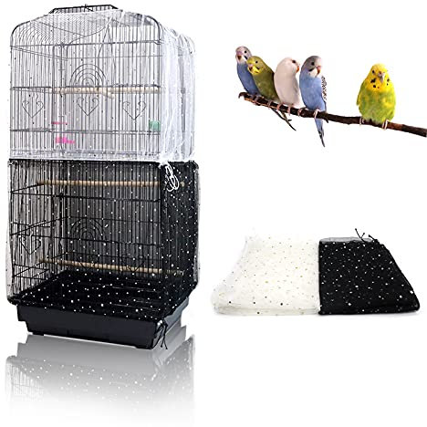2 Stück Einstellbar Vogelkäfig Abdeckung, Universal Vogelkäfig Samenfänger, Papageien Kordelzug Vogelfutter Kleintiere Netz, Abdeckung Rock Bewachen für Runde Quadratische Käfige(Weiß + Schwarz)