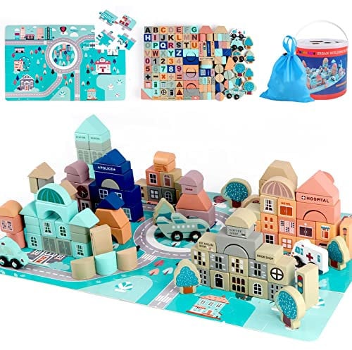 Jacootoys Holzbausteine Kinder 133 Stück Stadtbau Konstruktionsspielzeug Alphabet Nummer Bauklötze im Baumwollbeutel Jungen Mädchen ab 3 Jahre