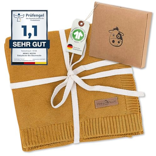 Minky Mooh Babydecke aus 100% Bio-Baumwolle, Öko-Tex 100, Kuscheldecke, Strickdecke, Krabbeldecke & Puckdecke für Jungen & Mädchen, Geschenk zur Geburt & Erstausstattung- 94x72 cm, Sunflower Yellow
