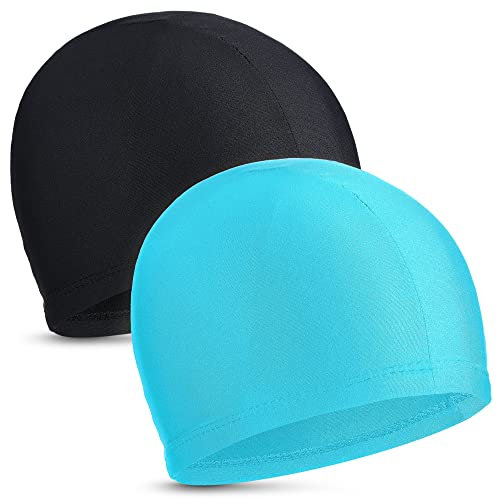 2 Piezas Gorros de Natación Elástica Gorros de Piscina de Tela Cómoda Gorros de Baño Ligero para Niños Mujer Hombre Mientras Nadar (Negro, Lago Azul)