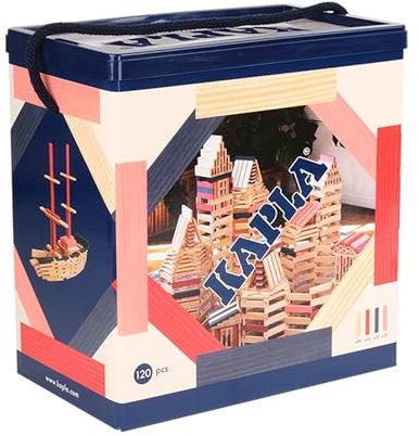 KAPLA® - Baukasten mit 120 Holzplättchen (90x Natur, 10x dunkelblau, 10x rosa, 10x rot), Konstruktionsspiele, Bausteine & Holzspielzeug, ab 2 Jahren