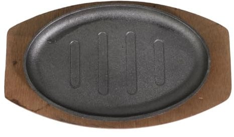 Luxshiny Plato ovalado de hierro fundido con soporte de madera 8in Hierro con Madera Para Carne Parrilla Sartenes Portátiles Para Tocino Barbacoa Hornear Filete(8in)