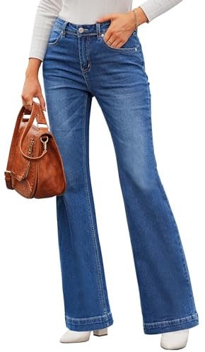 Roskiky Pantalon jeans évasé pour femmes, coupe large, style baggy, taille haute, extensible, L