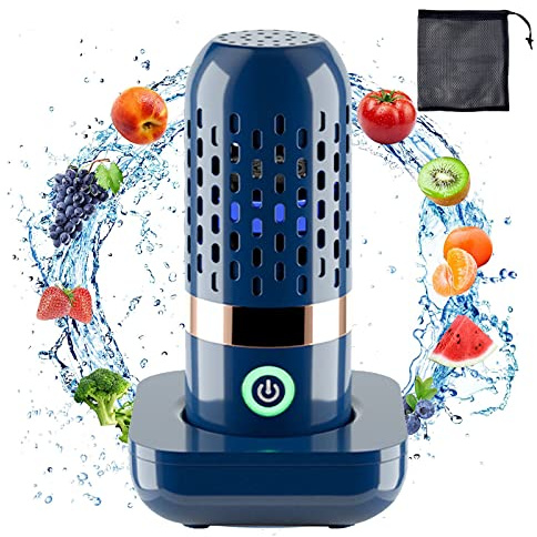 Obst Gemüse Reiniger, 3000mAh Obst und Gemüse Waschmaschine Obst und Gemüsereiniger Obst Reinigung Ultraschall, mit Kordelzug Netzbeutel und Handbuch, Reinigung von Obst, Gemüse, Fleischgerichte, Blau