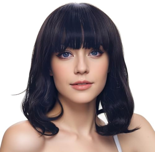 IMISSU Kurze lockige Haare Bob Perücken Cosplay Perücke mit Pony Halloween Kostüm Party Kopfbedeckung für Frauen (Hellschwarz)