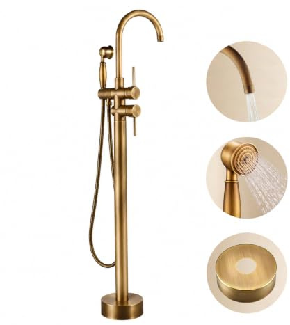 SWHC Robinet de Baignoire Ilot, 2 Modes Mitigeur de Baignoire Ilot avec Douchette, Rotation à 360° Robinet de Baignoire sur Pied en Laiton, Millésime Autoportant Robinet Salle Bain