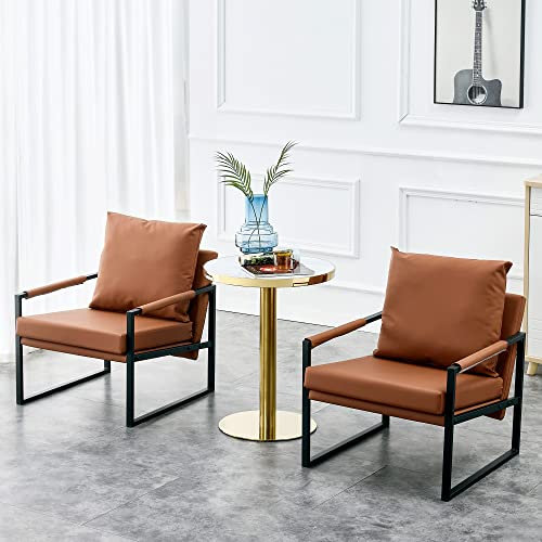 2 x Sessel, PU Ledersofa aus Weiche Kissen und Metallrahmen Rutschfestes Einzelsofa Polsterstuhl Ledersessel Braun, Loungesessel für Wohnzimmer Büro Studierzimmer Empfangshalle