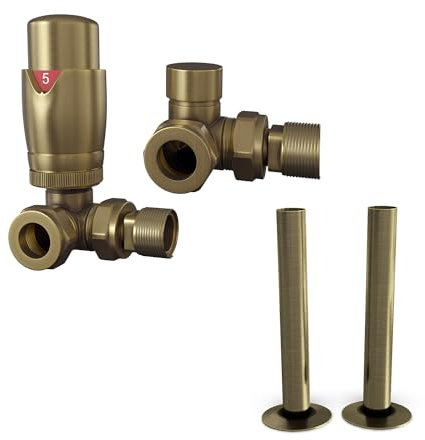 UK Radiators Thermostatic Radiator Valve + 130mm Pipe Sleeves - Energy Saving 1/2 x 15mm Brass Corner Valve - Antique Brass Colour