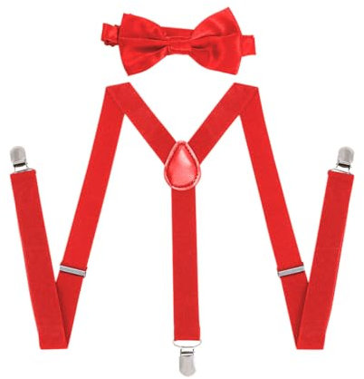 Fliege Rot Hosenträger Set Herren Schwarz Einstellbar Hosenträger Damen Y-shaped mit 3 Stark Clips (Rot)