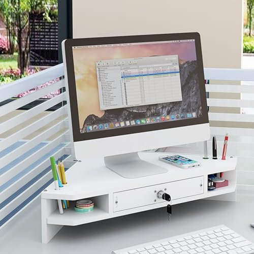 Rehausseur Ecran Support de Moniteur d'angle en Bois à 2 Niveaux, Support Triangulaire pour Moniteur D'ordinateur avec Tiroir/Porte-Stylo, Étagère d'angle de Bureau Ouverte pour Le Bureau Domicile (C