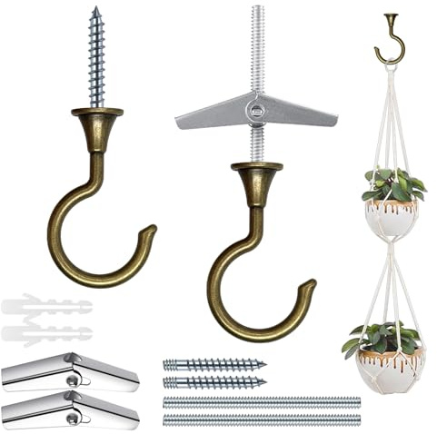 Evsteluo - Large Ceiling Hooks, Heavy Duty Hooks for Hanging Plants and Chandeliers, Ideal for Fixing Cavity Walls and Ceiling Installation (2, Antique Brass)