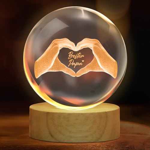 TUZELIYA Vatertagsgeschenk für Papa - 3D Glas Kristall mit Holzsockel Gravur Herz aus Zwei Händen und Text Bester Papa - Geburtstagsgeschenk für Papa Männer - Vatertag