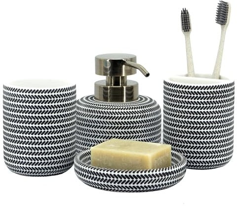 ZCCZ Juego de 4 Accesorios de baño Blanco y Negro con Dispensador de jabón, Soporte para Cepillo de Dientes, Vaso de baño y Jabonera, Organizador Decorativo para encimera