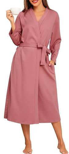 Lovasy Waffle Dressing Gowns for Women UK Cotton Lightweight Spa & Bath Robes for Women Ladies Kimono Dressing Gowns Women's Full-Length Robes with Pockets for Hotel Nursing Pregnancy,Dusky Pink,M