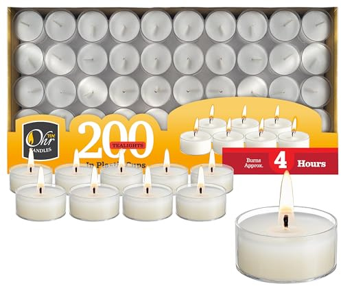 Ohr Lot de 200 bougies chauffe-plat dans une tasse transparente – Bougies chauffe-plat blanches non parfumées – 4 heures de combustion