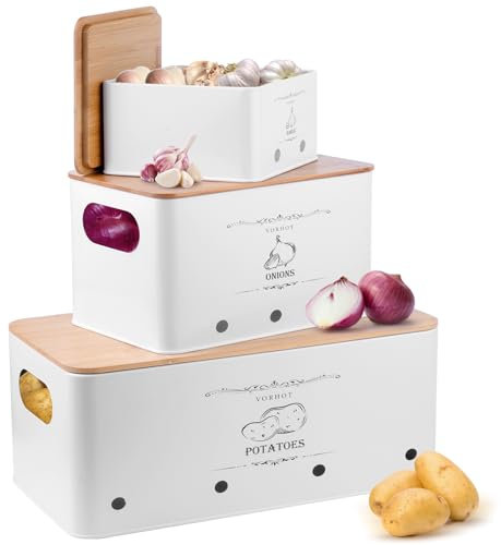 VORHOT Kartoffel Aufbewahrungsbox, 3er Set Zwiebel Kartoffel Knoblauch Aufbewahrung, Kartoffelbox mit Deckel aus Bambus, Weiß