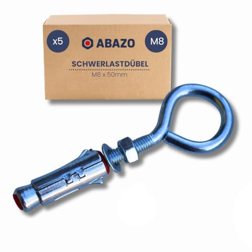 ABAZO - Deckenhaken Schwerlast - Schwerlastdübel - M8x50mm - Schwerlastanker, Betondübel, Metalldübel, Bolzenanker mit Ösenhaken, aus Stahl, Verzinkt, Doppelter Korrosionsschutz - 5 Stück Set