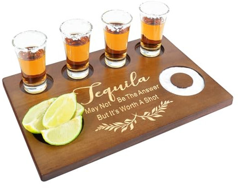 Tequila Shot Board Glass Holder Wooden Bar Tray with Salt Rim 8x11.8 Inch for Tequila Lover