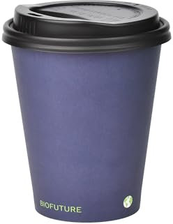 BIOFUTURE Biodegradable Coffee Cups – 50 x 6oz – 16oz (170ml – 450ml) Disposable Paper Cups with Lids – Eco-Friendly and 100% Compostable – Ideal for Tea, Coffee, and Hot Drinks (Blue, 8oz)