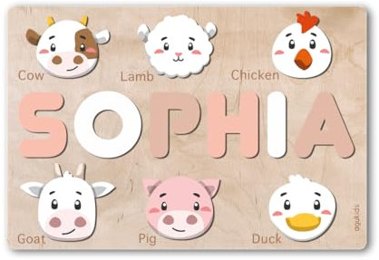Personalisiertes Baby-Namenspuzzle aus Holz mit Tiermotiven | Lernspielzeug für Kleinkinder ab 1 Jahr | Nachhaltiges Montessori Spielzeug