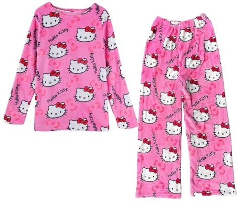 Generico Pigiama 𝐇𝐞𝐥𝐥𝐨 𝐊ἰ𝐭𝐭𝐲 Donna,Pigiami due Pezzi da Donna Manica Lunga Set di Pigiama Flanella Morbido Kawaii Anime Comodo Abbigliamento da Casa Invernale Camicie da Notte Sleepwear