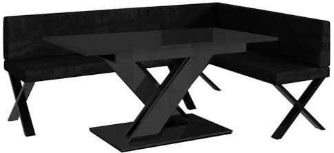 MEBLINI Eckbank für Esszimmer mit ausziehbarem Tisch - Küchenbank - Essecke - Sitzecke Küche - Peter - X-Beine 142x196x87cm Rechts - Graphit Samt/B Schwarz Hochgl.