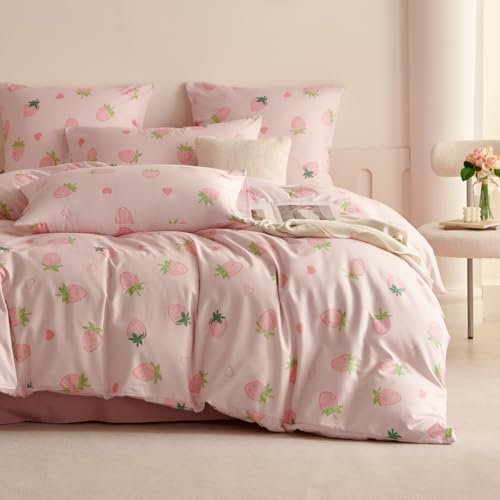 Tospass Rosa Feinbiber Bettwäsche 135x200 cm 4teilig Mädchen - Erdbeeren Bettwäsche aus Microfaser, Sicherer und kuscheliger Bettwäsche Set Bettbezug mit Reißverschluss und 1 Kissenbezug 80x80 cm