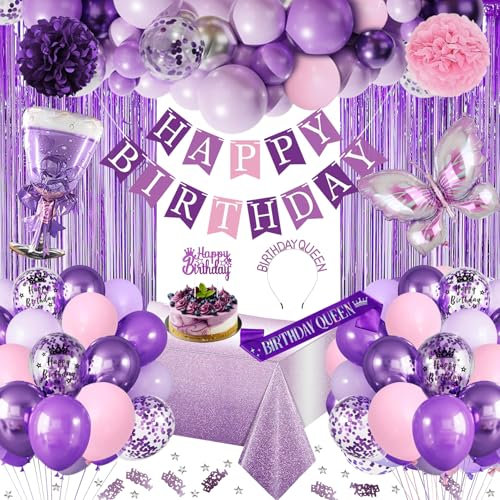 Décorations d'anniversaire violettes et roses avec bannière « Happy Birthday », ballons confettis en latex, papillon 3D, rideau à franges, nappe, diadème, couronne, pompons pour femmes et filles