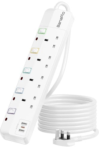 3M Extension Lead with USB Slots, 4 Way Extension Lead with USB C Port(PD 20W) and 2 USB A Ports, Extension Lead with Switches(13A/3250W), Extension Cord with Child Safety Shutter for Home, Office Use