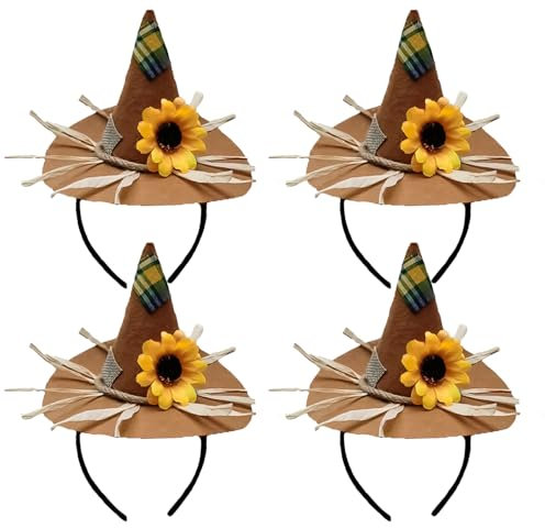 Lezevn 4pcs Scarecrow Hat Flower Mini Scarecrow Hat Headband Scarecrow Costume for Halloween Costume Accessory