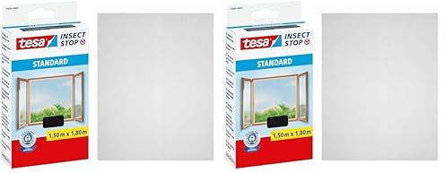 tesa Insect Stop Standard Fliegengitter für Fenster - Insektenschutz zuschneidbar - Mückenschutz ohne Bohren - Fliegen Netz anthrazit, 150 cm x 180 cm (Packung mit 2)