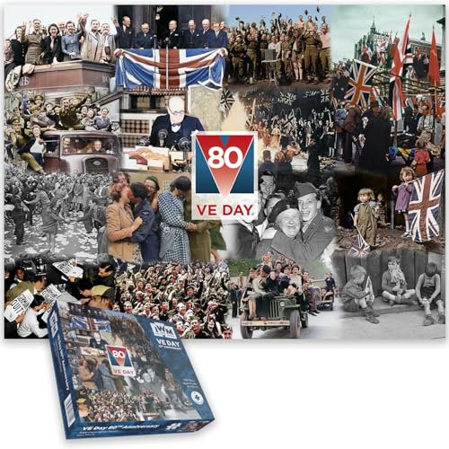 VE Day 80th Anniversary Jigsaw Puzzle – 1000 Piece WWII Commemorative Puzzle by Imperial War Museum – Historical Montage of Troops, Headlines & Celebrations