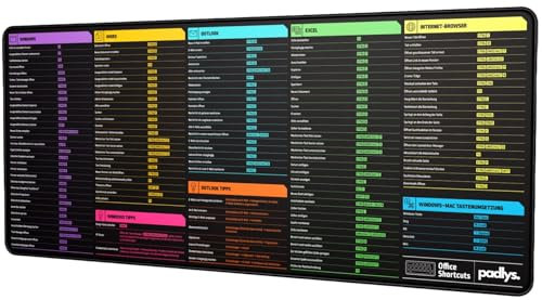 Padlys - Office Mauspad DEUTSCH XXL – 800x300 & 900x400 mm – Excel Windows Mac Outlook Word Browser Shortcut Tastenkürzel auf Deutsch – Premium Qualität Made in Germany (800 x 300 mm)