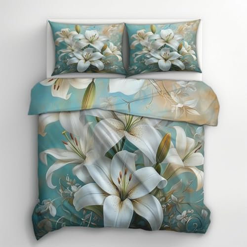 YZQGLHP Housse de Couette 220x240 Lys - Decoration Fleurs, Parure de Lit 2 Personnes Lys, Linge de Lit en Microfibre Douce avec Fermeture éclair, 2 Taies d'oreiller 65x65 cm