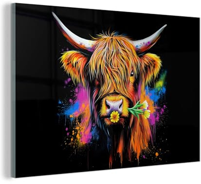 MuchoWow© Glasbilder Wohnzimmer Deko Modern Wandbild Kunstdruck auf Glas | 120x80 cm - Bild Schlafzimmer über Bett Room Decor Geschenke Schottisches Hochlandrind - Graffiti - Bunt - Blume - Tiere