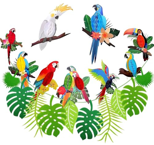 10 Stück Dschungel Deko Geburtstag, Hawaii Deko Party Mit Tropischen Vögeln Und Blättern, Safari Deko Für Kindergeburtstag