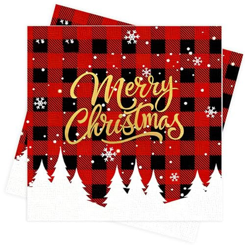 40 Stück Weihnachtsservietten rot schwarz kariert | 33x33 cm Marry Christmas servietten, Weihnachtstischdeko für Weihnachtsfeier & Heiligabend