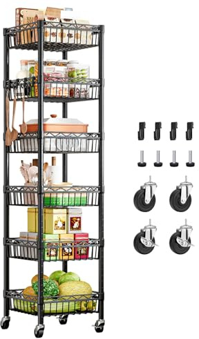 Wooruy Standregal Drahtregal 6 Ebenen, Körbe, Rollen, verstellbar, Schwarz | Geräumiges Metallregal mit verstellbaren Körben und Rollen, ideal für Küche, Bad, Speisekammer und Waschküche