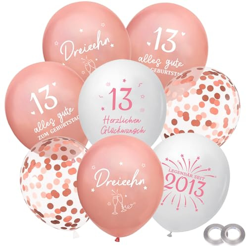 Whimzey Originell Personalisiert Luftballon 13 Geburtstag Mädchen Deko,25 Stk Geburtstagsdeko 13 Jahre Roségold Weiß,Luftballons 13. Geburtstag Mädchen,Geschenke,Ballon Deko 13 Geburtstage für Tochter