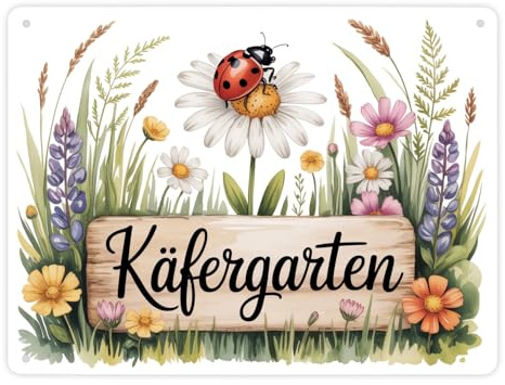speecheese Metallschild XL in 21x28 cm Käfergarten Marienkäfer auf Blume | Cottage-Garten für Naturfreunde – lustiges Blechschild als Dekoration