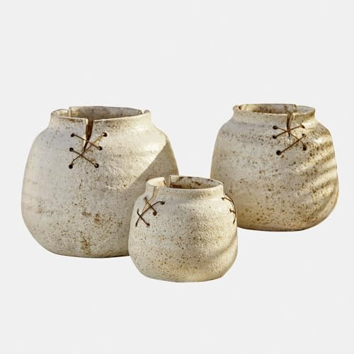 Loberon Vase 3er Set Halvenby - DREI Größen - Matte Sprenkeloptik - Mediterraner Keramik-Charme - Verspieltes Schnürdetail - Gartenzubehör - Steinzeug, grau