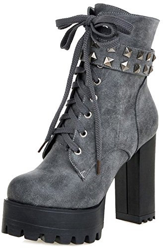 SJJH Damen Plateau Stiefeletten mit hohem Blockabsatz und Niete (Grau, 38 EU)