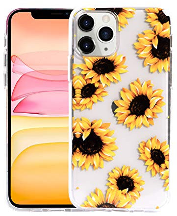 Sephonie Flower Case for iPhone 11 Pro Max (6.5 Inch), Floral Pattern Clear Slim Fit Girly Design, Shockproof Protective Hard PC Back with Soft TPU Bumper Phone Cover for Girls and Women | Sunflower