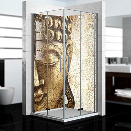 dedeco Alu Eck-Duschrückwand mit Buddha Motiv - 2 x 90x200 cm - Perfekt als Badrückwand zum Fliesenersatz, passend für viele Bäder - Made in Germany