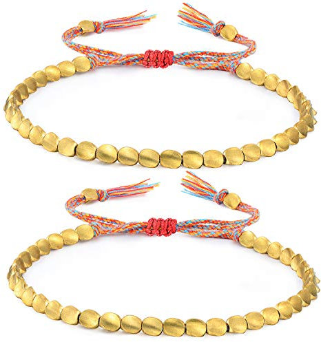 2 Stück tibetische Kupferperlen-Armbänder, handgefertigt, geflochtene Armbänder, verstellbar, buntes Perlenarmband (dreiseitiger Perlenstil), 16 - 26 cm / 6.3 - 10.2 inches, Kupferperlen und Faden