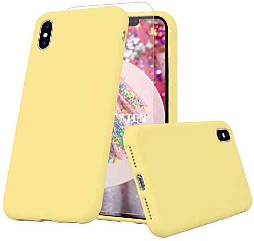 Feyten Compatible with iPhone Xs Max Case [with Tempered Screen Protector], [Upgraded] Liquid Silicone Gel Rubber Soft Touch Cover Full Protective Case for iPhone Xs Max 6.5 Inch (Yellow)