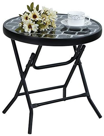 PHI VILLA Folding Side Table, Foldable Coffee Table, Outdoor Garden Table, Small Round Patio Table - Black