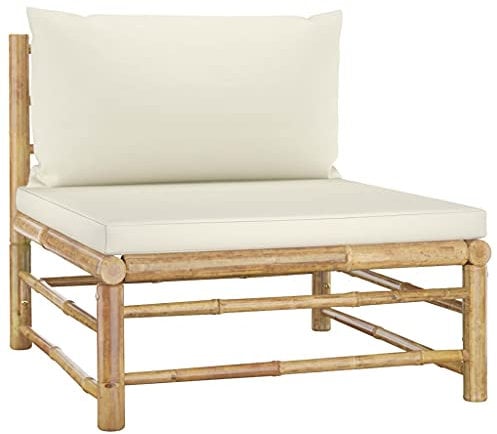 vidaXL Garten Mittelsofa mit Kissen Gartensofa Sofa Lounge Einzelsofa Gartenmöbel Loungesofa Innenhof Terrasse Innen Außen Cremeweiß Bambus