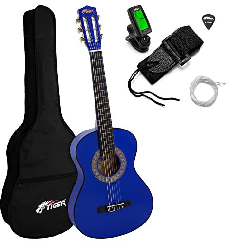 TIGER Konzertgitarre für Kinder, 3/4-Größe, Spanische Gitarre, Set mit Stimmgerät, Gigbag, Plektren und Ersatzsaiten, 91,4 cm, Blau