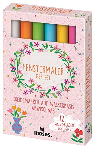 moses. Fenstermaler 6er Set, 6 Kreidemarker auf Wasserbasis zum Malen auf glatten Oberflächen, Mit 12 Motivvorlagen zum Bemalen von Fenster, Spiegel oder Tafel – wieder abwischbar